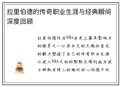 拉里伯德的传奇职业生涯与经典瞬间深度回顾