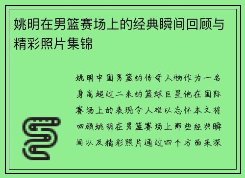姚明在男篮赛场上的经典瞬间回顾与精彩照片集锦